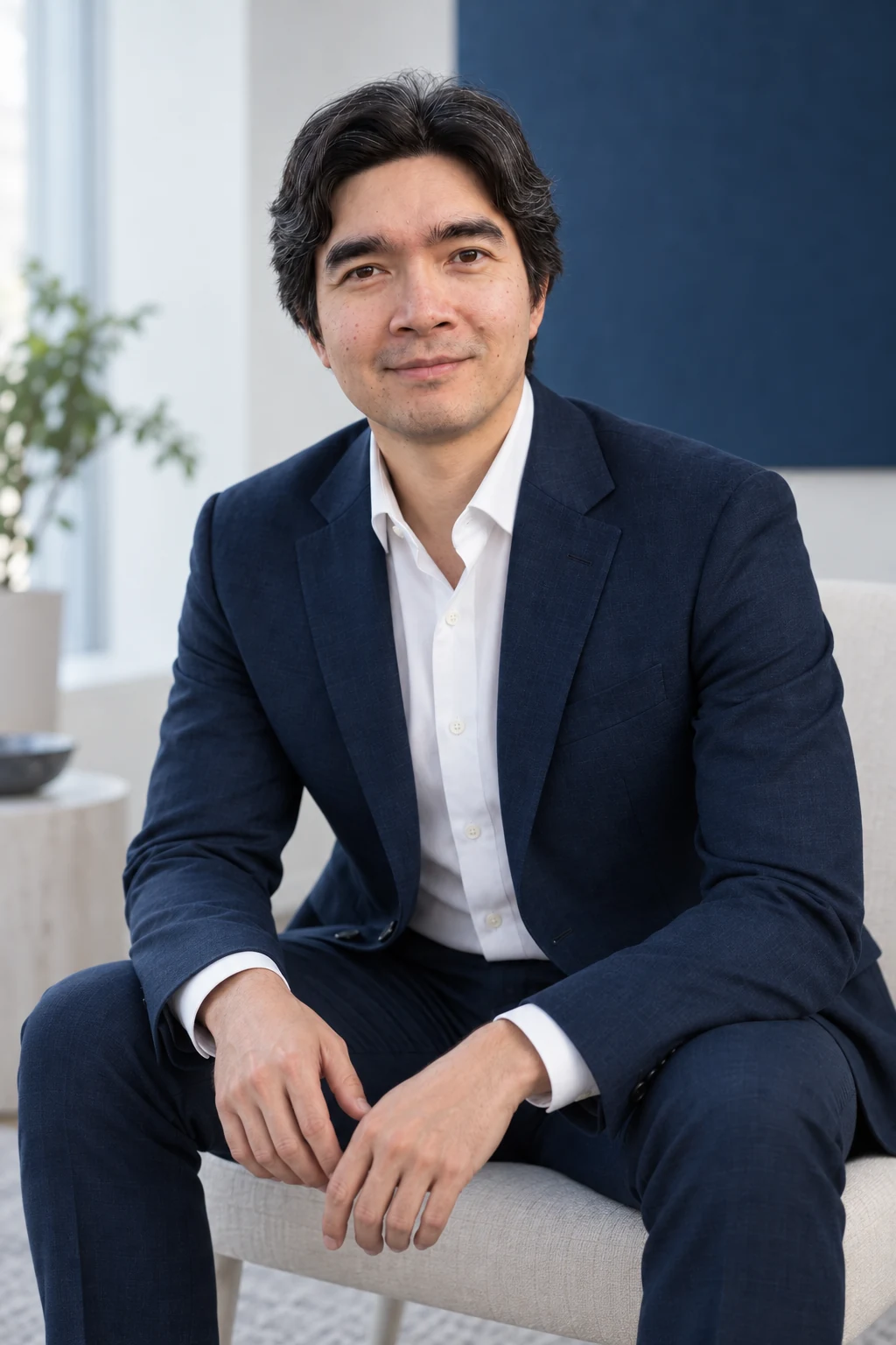 Dr. Jeremiah Lasquety-Reyes, seated in a Prussian blue suit and white shirt
