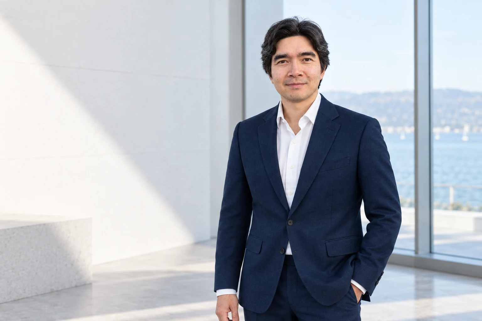 Portrait of Jeremiah in a Prussian blue suit, framed by luminous white architecture and blue water
