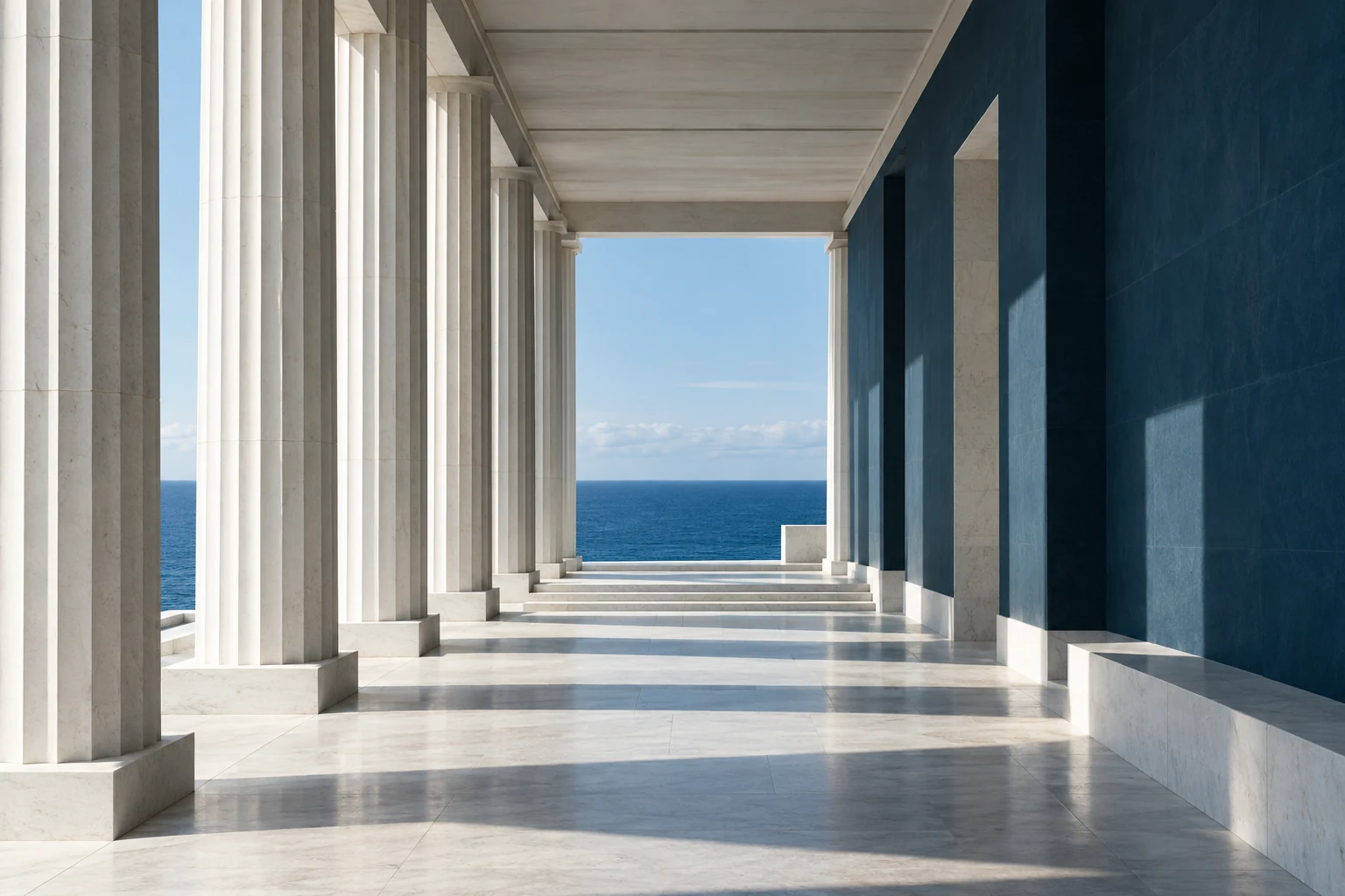An architectural study of a white stone colonnade opening onto Prussian Blue water