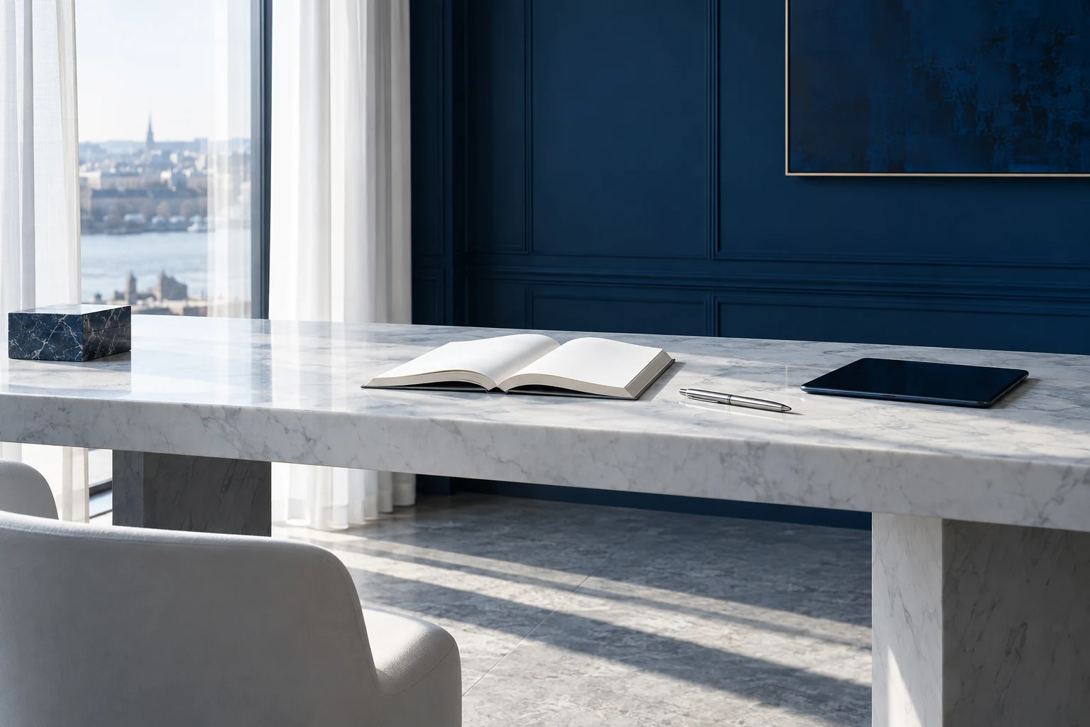 A quiet Prussian Blue and white study with a book, a silver pen and a tablet