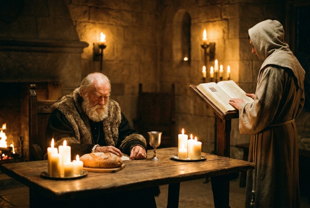 Charlemagne at his evening table by candlelight, a monk standing at a lectern reading aloud from a great volume