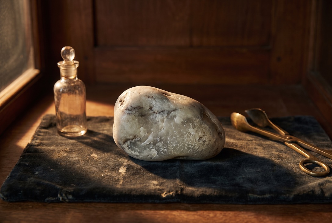 A polished specimen of aged ambergris beside an antique glass tincture bottle