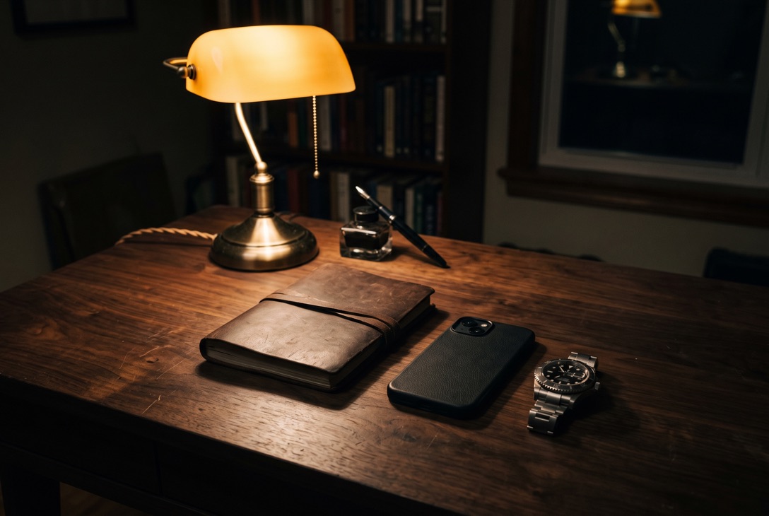 A desk at night: a lamp, a phone face-down, a closed notebook